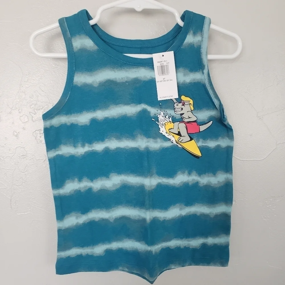 Old Navy NWT Toddler Boy 2T Blue Wave Striped Tank Top Dinosaur Surfing